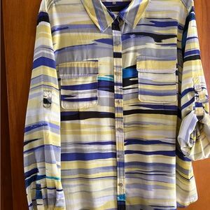 Calvin Klein Blue and Yellow Striped Plus Size Blouse - Size 3X